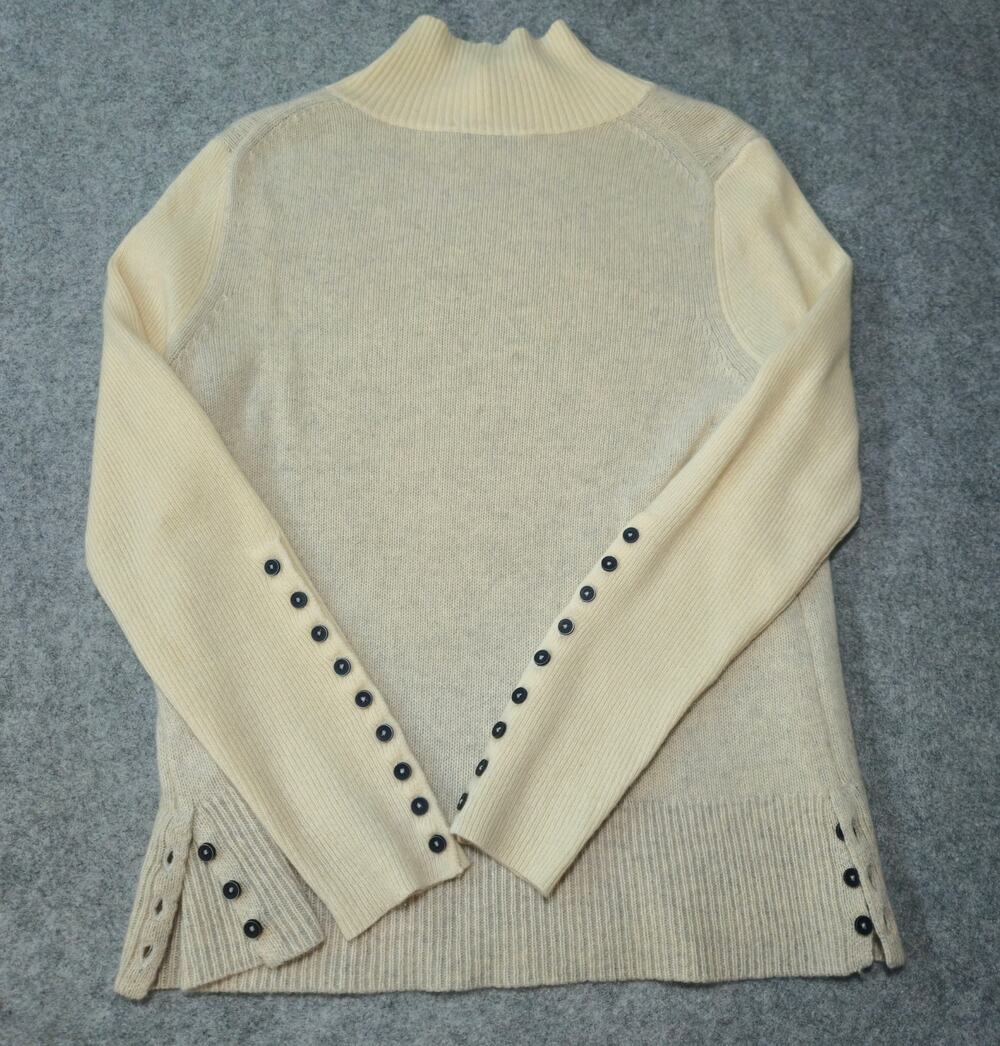 White+Warren Cashmere Button Detail Mock Neck Grey Cream Sweater M Quiet Luxury